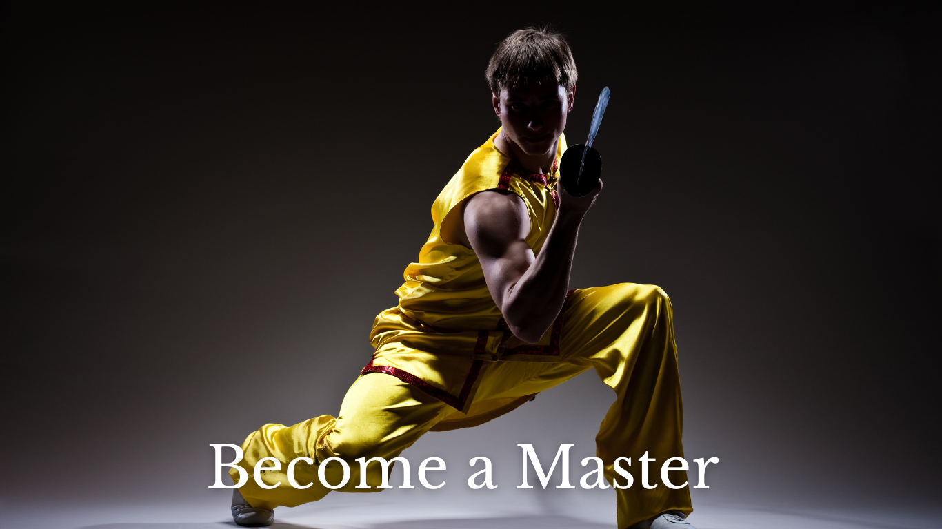 Image of a martial Art expert with the text, become a master