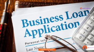 A business loan application form Bold blue letters and includes sections for personal information.