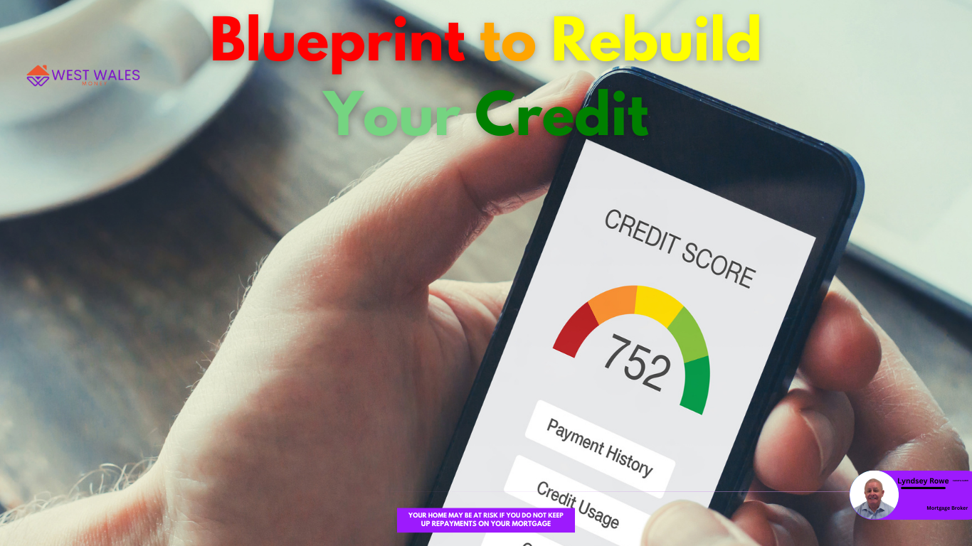 A person is holding a smartphone displaying a low credit score on the screen The text reads Blueprint to Rebuild Your Credit 