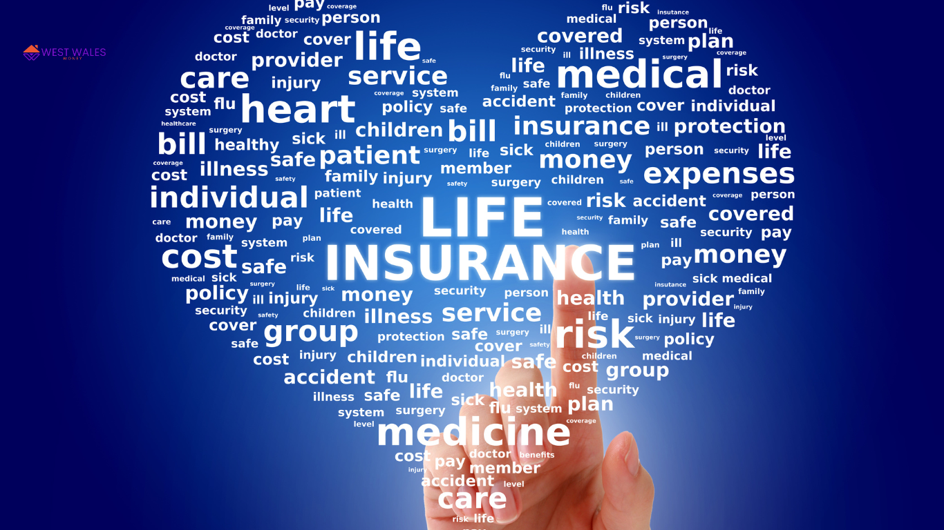 A word cloud related to life insurance, with terms like “life,” “insurance,” “medical,” “health,” and others displayed prominently in various sizes and orientations against a gradient blue background