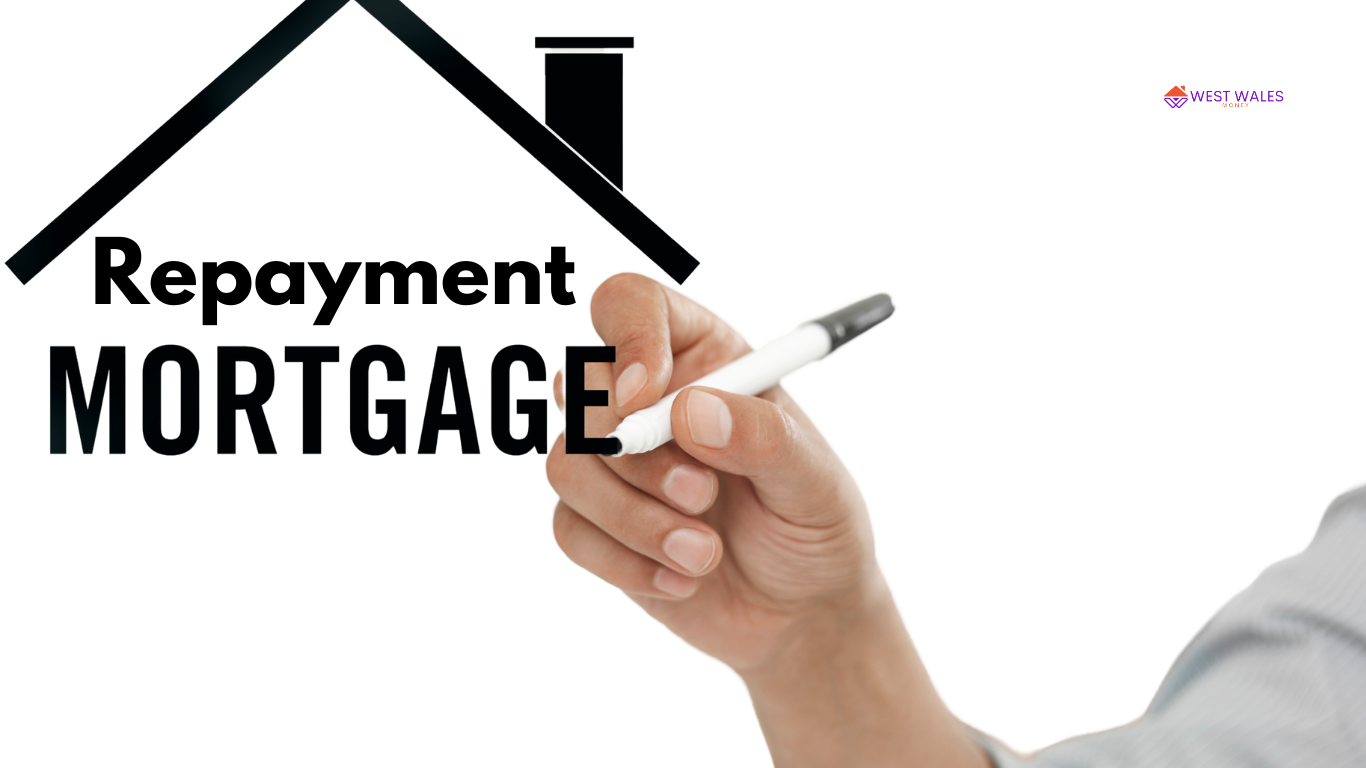 The image features a hand holding a stylus pen, poised as if writing on an invisible surface. Above the hand, the word “Repayment Mortgage” is displayed in bold black letters.