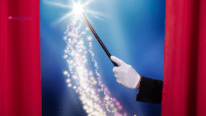 Magician’s hand in a white glove casting a spell with a magic wand,