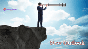 New outlook - a person in a business suit standing on the edge of a cliff looking through a giant telescope towards the sky.