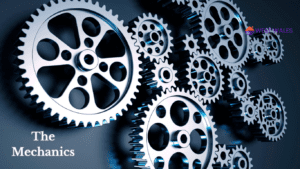 Interlocking metal gears and cogs of various sizes on a blue gradient background