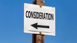 Key considerations for interest-only mortgages: A sign reading 'CONSIDERATION' with an arrow, symbolising important factors to evaluate before choosing an interest-only mortgage