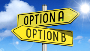 Interest-only mortgage options: A signpost with 'Option A' and 'Option B' symbolising different mortgage choices, set against a bright blue sky