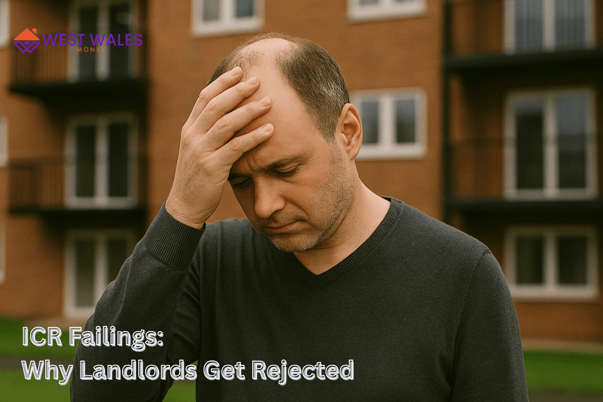Concerned landlord sits outside apartment block, worried about failing the ICR stress test for a Buy-to-Let mortgage