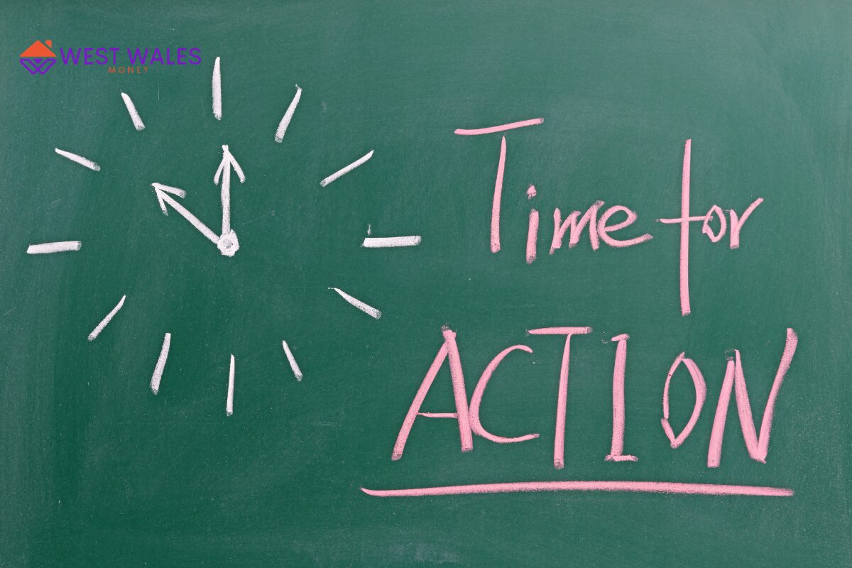Chalk-drawn clock and the phrase ‘Time for Action’ on a green board, representing urgency in addressing mortgage stress testing challenges