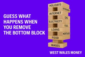 The importance of income protection shown as a Jenga tower with wages supporting bills and lifestyle costs