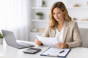Professional mortgage adviser reviewing mortgage affordability paperwork at a clean desk with laptop and calculator