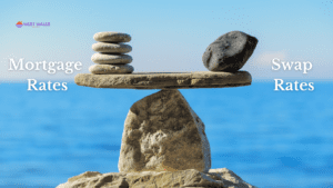 The image features a balanced stone structure with the words “Mortgage Rates” and “Swap Rates” on a blue sky background,