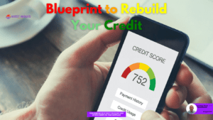 A person is holding a smartphone displaying a low credit score on the screen The text reads Blueprint to Rebuild Your Credit