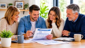 Young couple reviewing mortgage paperwork with parents around a dining table discussing a guarantor mortgage