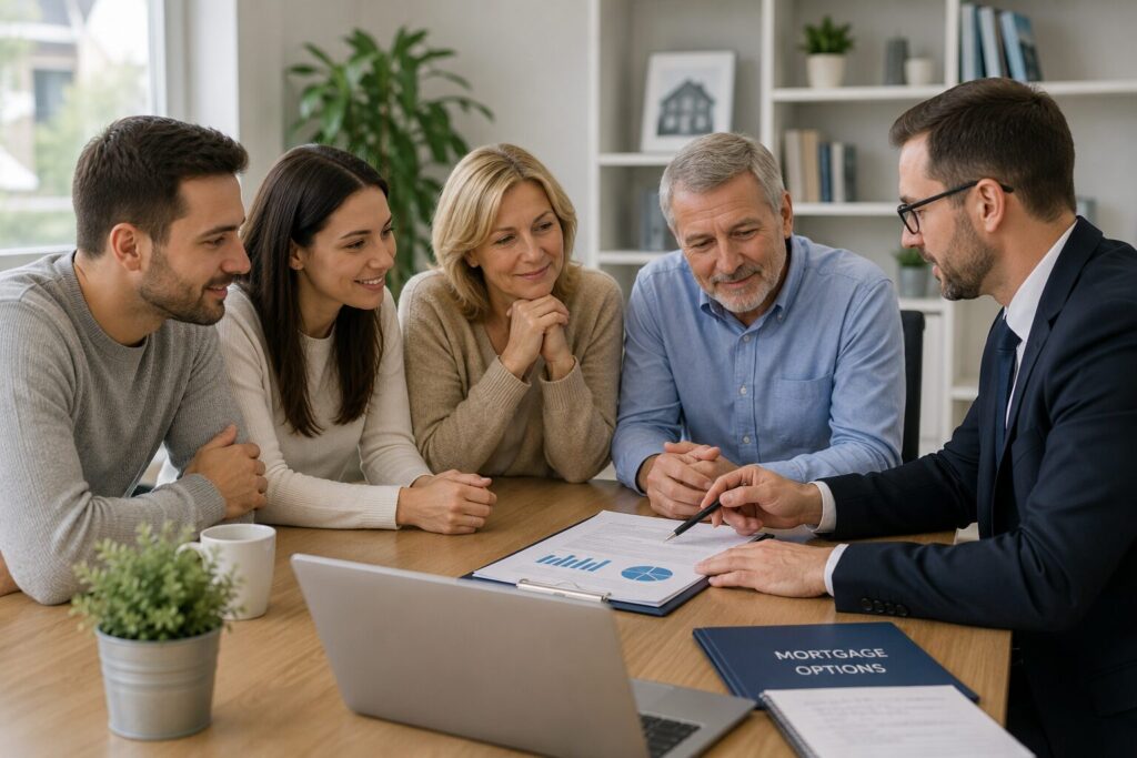 Mortgage adviser meeting with first-time buyers and their parents to discuss guarantor mortgage options and affordability.