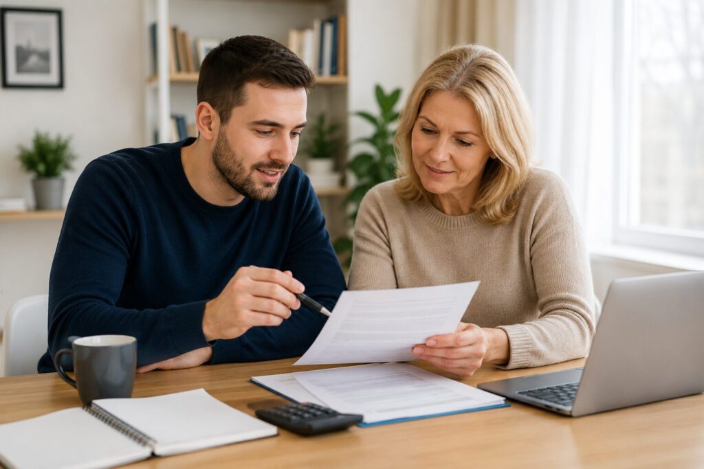 Young first-time buyer reviewing mortgage documents with a parent acting as guarantor, discussing home buying options around a table.