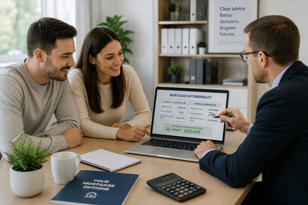 Mortgage adviser showing affordability calculations on a laptop to first-time buyers exploring guarantor mortgage options.