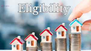 A hand placing a small house on top of a stack of coins, with three other stacks each topped with a house, under the word ‘Eligibility’