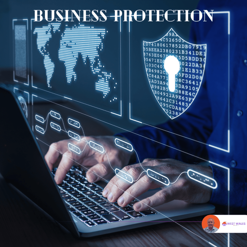 Hands typing on a laptop with digital shield graphics and data connections symbolising cyber security and business protection, featuring the text 'Business Protection