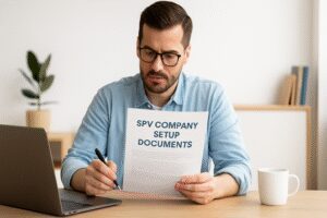 Man reviewing SPV company setup documents at a desk with laptop and coffee in home office.
