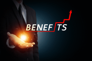Businessman presenting the concept of 'Benefits' with a rising graph, symbolising the positive impact of improving your Interest Coverage Ratio (ICR) for better mortgage terms