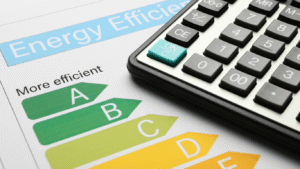 Energy efficiency rating chart with calculator showing EPC grades used by landlords to meet new 2028 EPC rules.