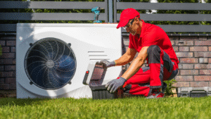 Engineer installing an energy-efficient air source heat pump to help a rental property meet new EPC rules for landlords.