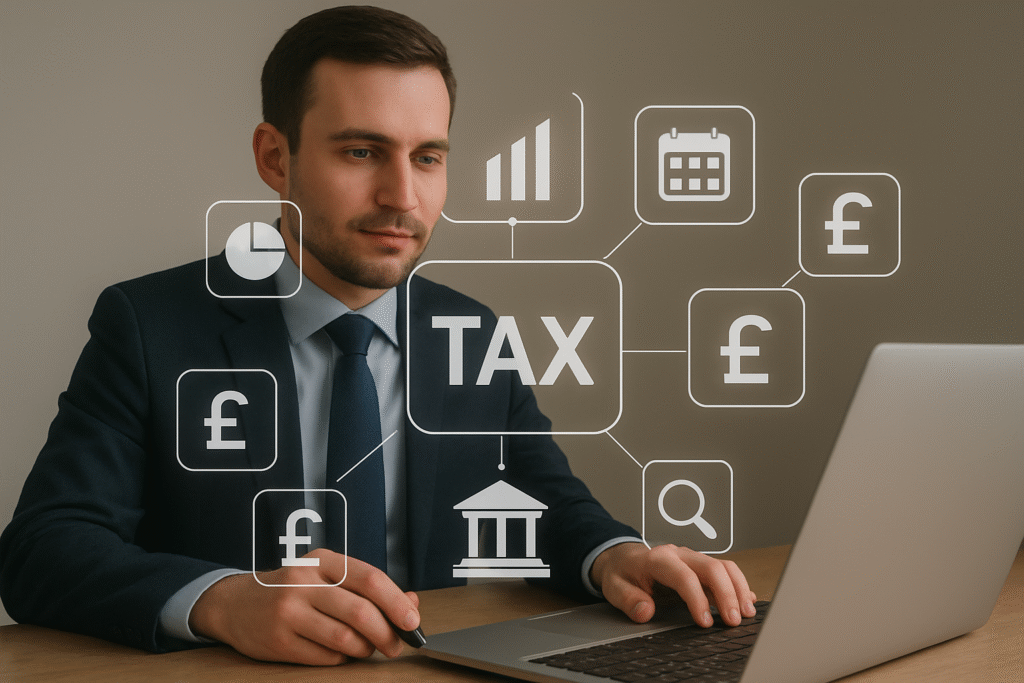 A company director reviewing digital tax updates on a laptop using modern finance software.