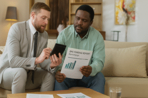 Mortgage adviser discussing an EPC Funding Report for remortgage options with a landlord in a modern living room.