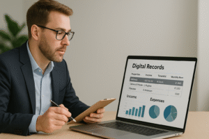 Mortgage advisor discussing digital income data with a landlord to support mortgage applications