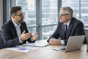 Senior company director in discussion with financial adviser about executive income protection