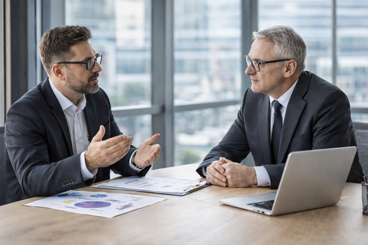 Senior company director in discussion with financial adviser about executive income protection