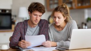 Couple reviewing mortgage paperwork at kitchen table before arranging life insurance