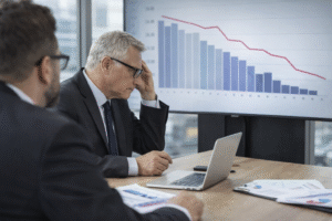Company director reviewing declining financial performance chart during boardroom meeting
