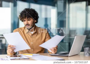 Company director reviewing financial documents after income disruption