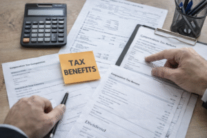 Close-up of corporate tax documents and calculator showing executive income protection tax efficiency