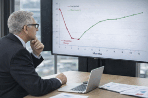 Company director analysing income dip and recovery chart during financial projection review