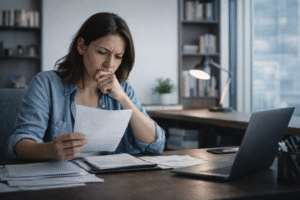 Professional woman reviewing financial documents at her desk in a bright office, highlighting the financial impact of income loss and the need for income protection insurance.