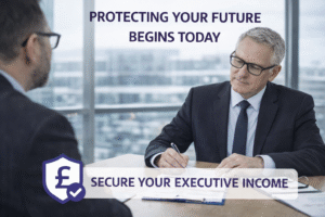 Company director signing executive income protection documents during advisory meeting