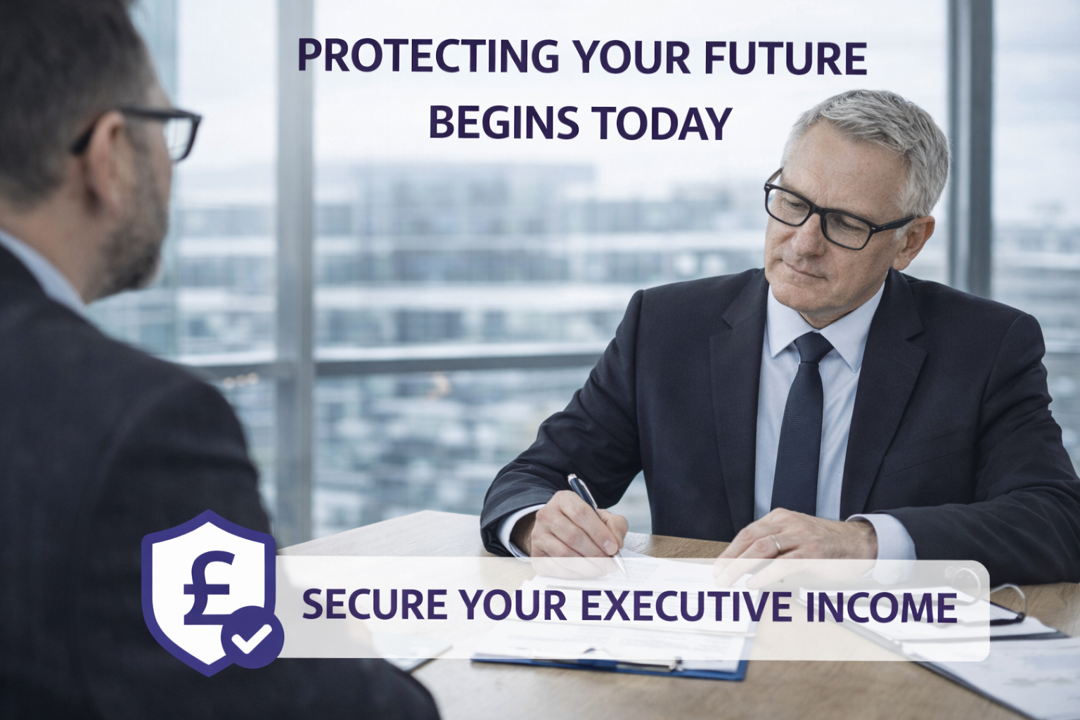 Company director signing executive income protection documents during advisory meeting