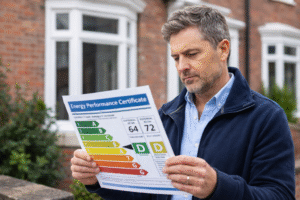 Landlord reviewing an EPC certificate outside a rental property to check compliance with UK energy efficiency rules