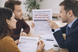Mortgage adviser explaining that a Decision in Principle is not guaranteed mortgage approval during underwriting review