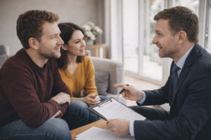 Couple speaking with estate agent before making an offer after securing a Decision in Principle