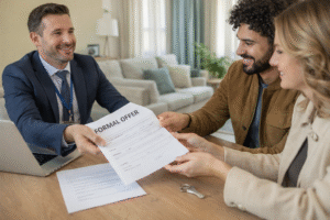 ortgage adviser presenting a formal mortgage offer document to a couple at a desk during a home buying consultation.