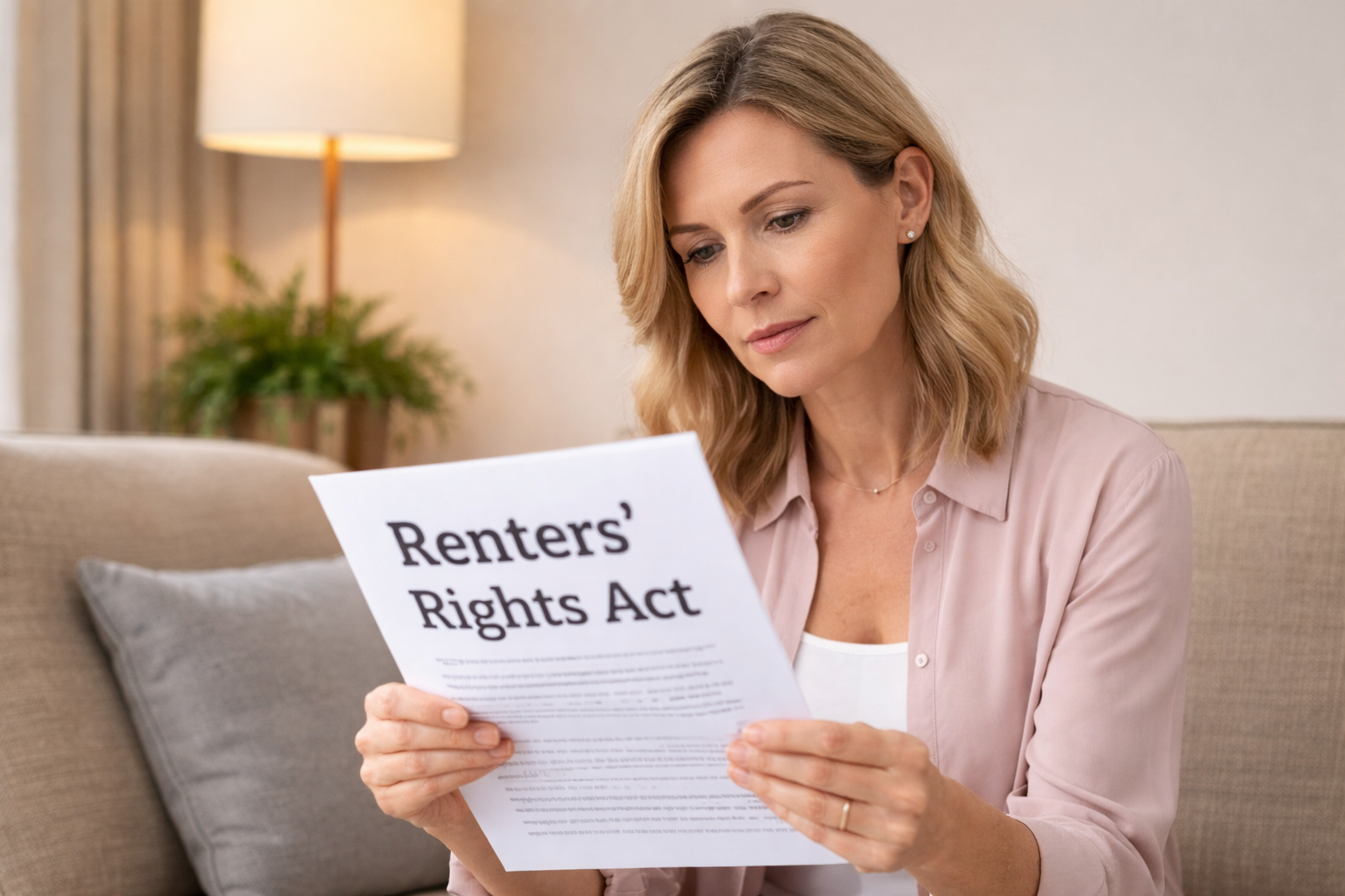 Woman reading the Renters’ Rights Act at home to understand new UK rental rules and landlord obligations