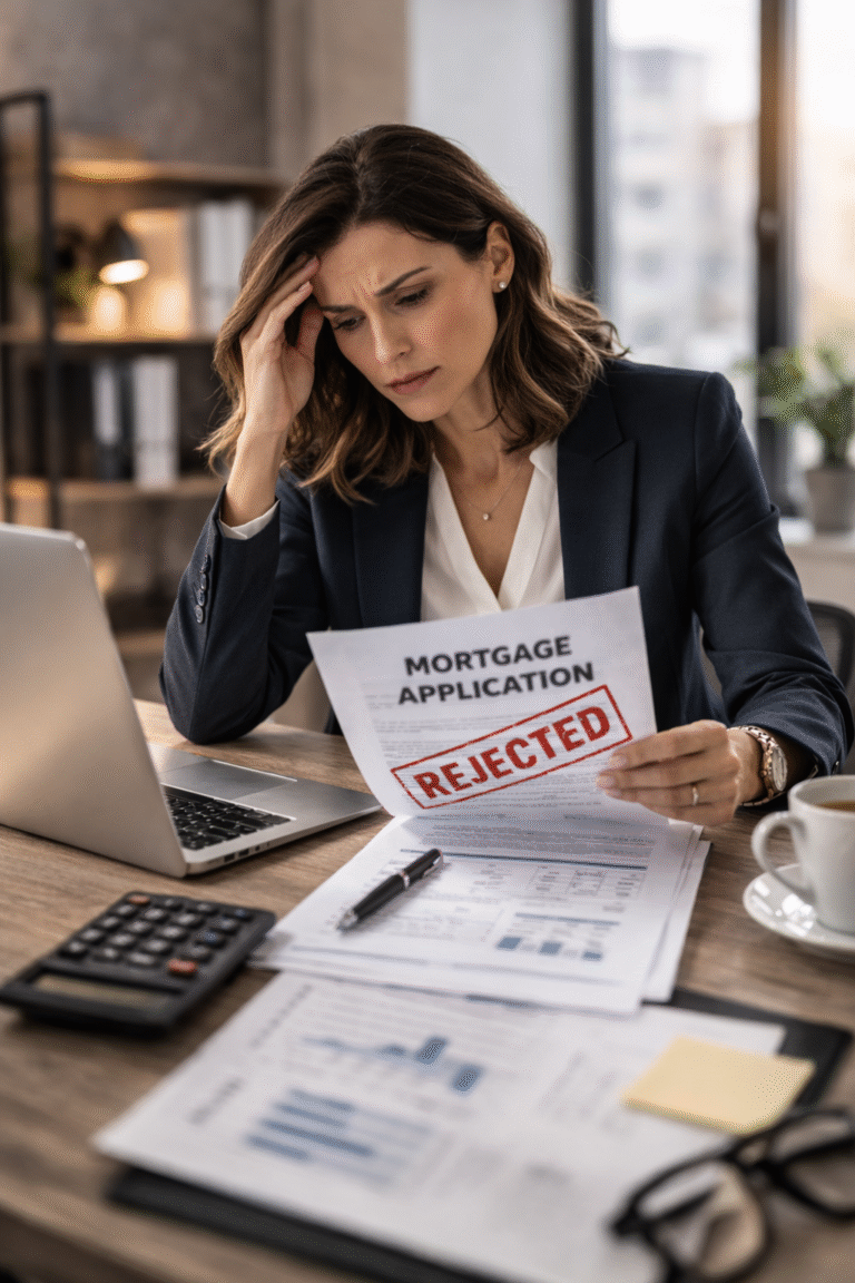 Female professional reviewing a rejected mortgage application at her desk, looking concerned while working on a laptop.