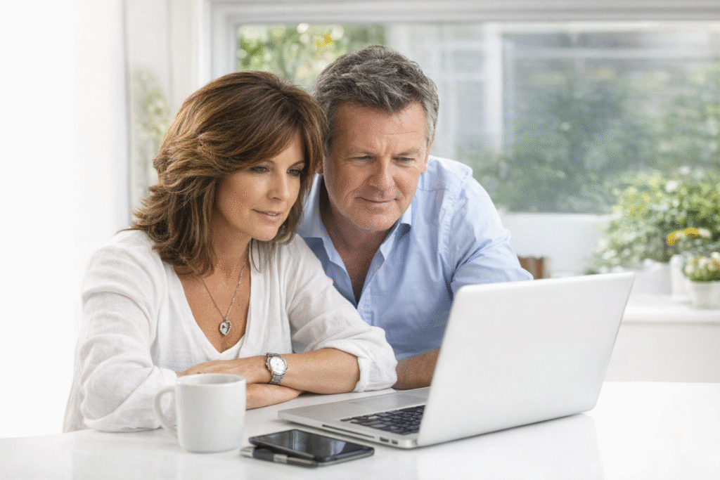 Interest-only mortgage advice – middle-aged couple reviewing finances on a laptop at home