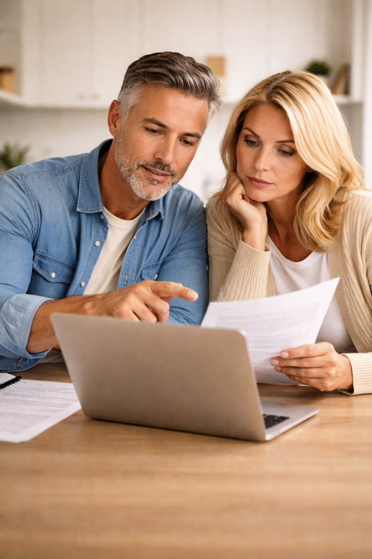 Interest-only mortgage advice – middle-aged couple reviewing finances on a laptop at home