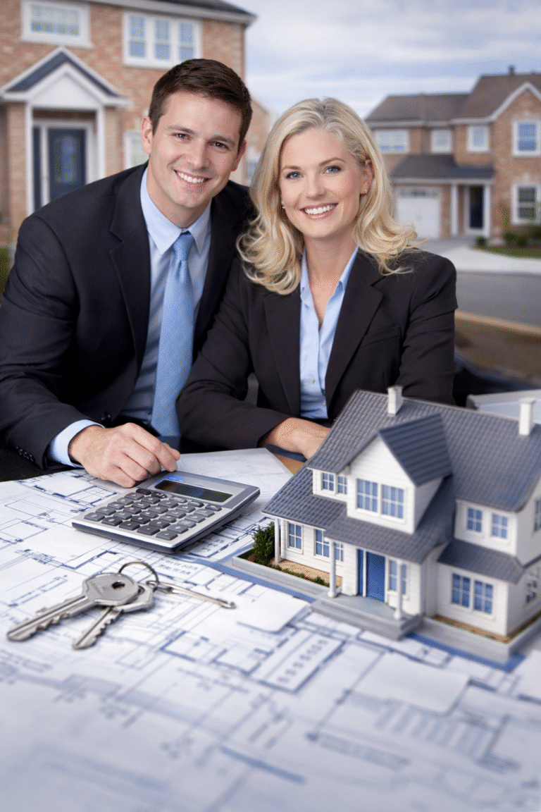 Limited company buy-to-let landlords reviewing remortgage options with property model, calculator and house plans