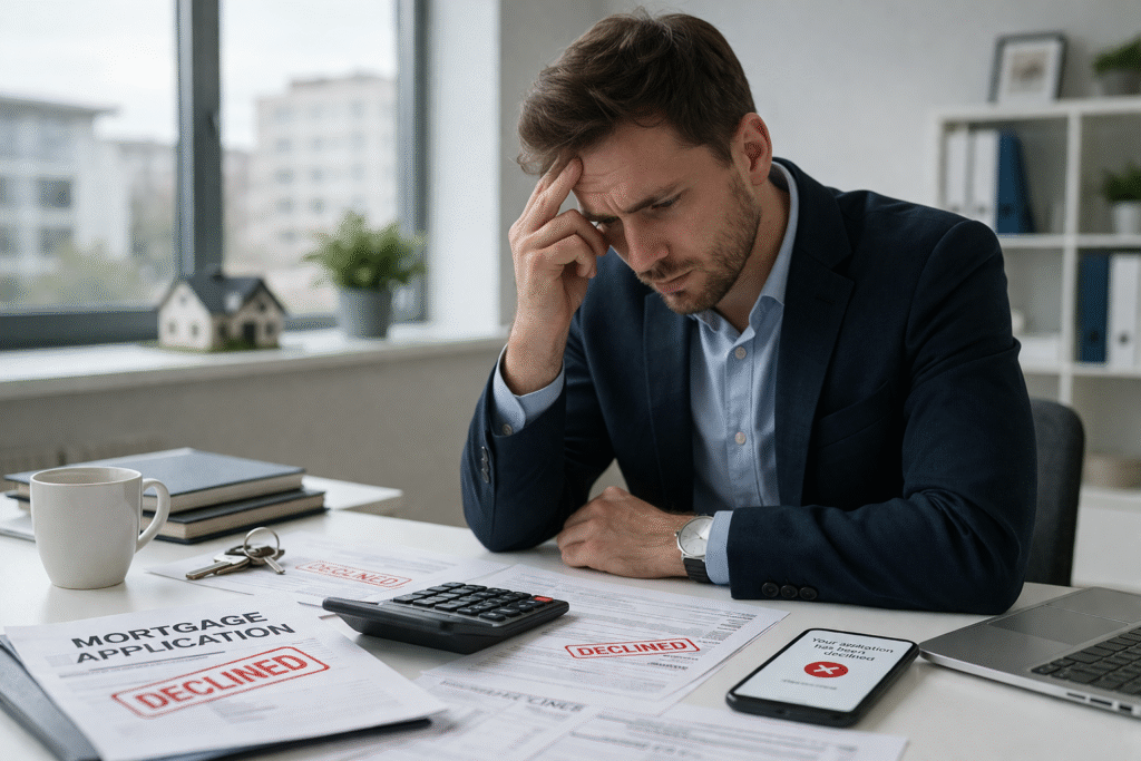 Company director reviewing declined mortgage application and financial documents at desk
