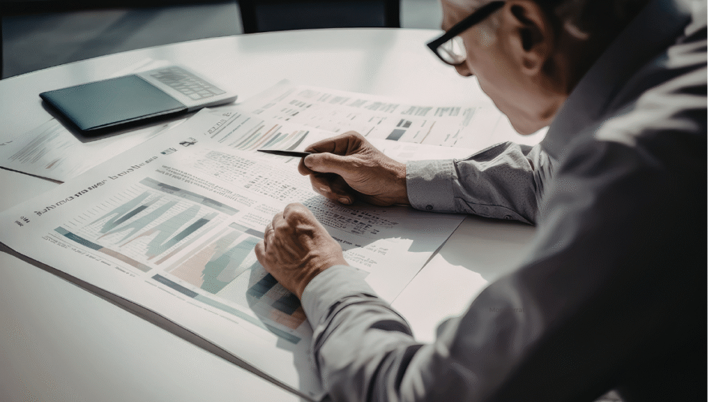 Company director reviewing financial reports for mortgage borrowing and retained profits assessment